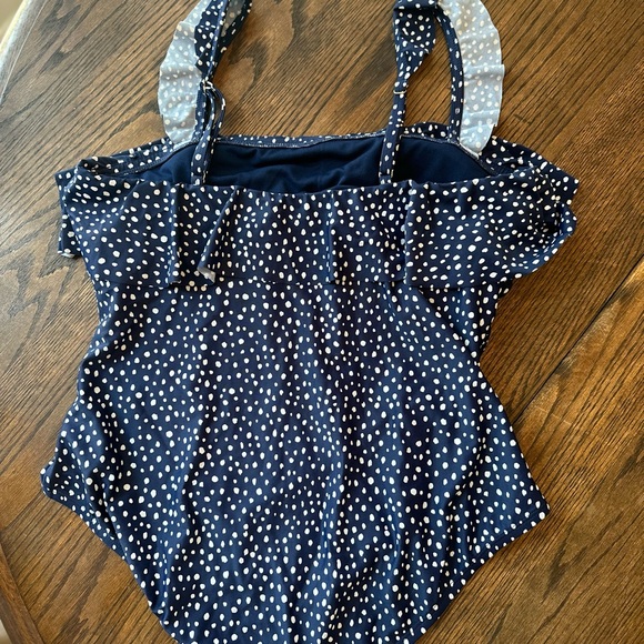 Navy Polka Dot Ruffle Shoulder One Piece Swimsuit - Picture 4 of 6